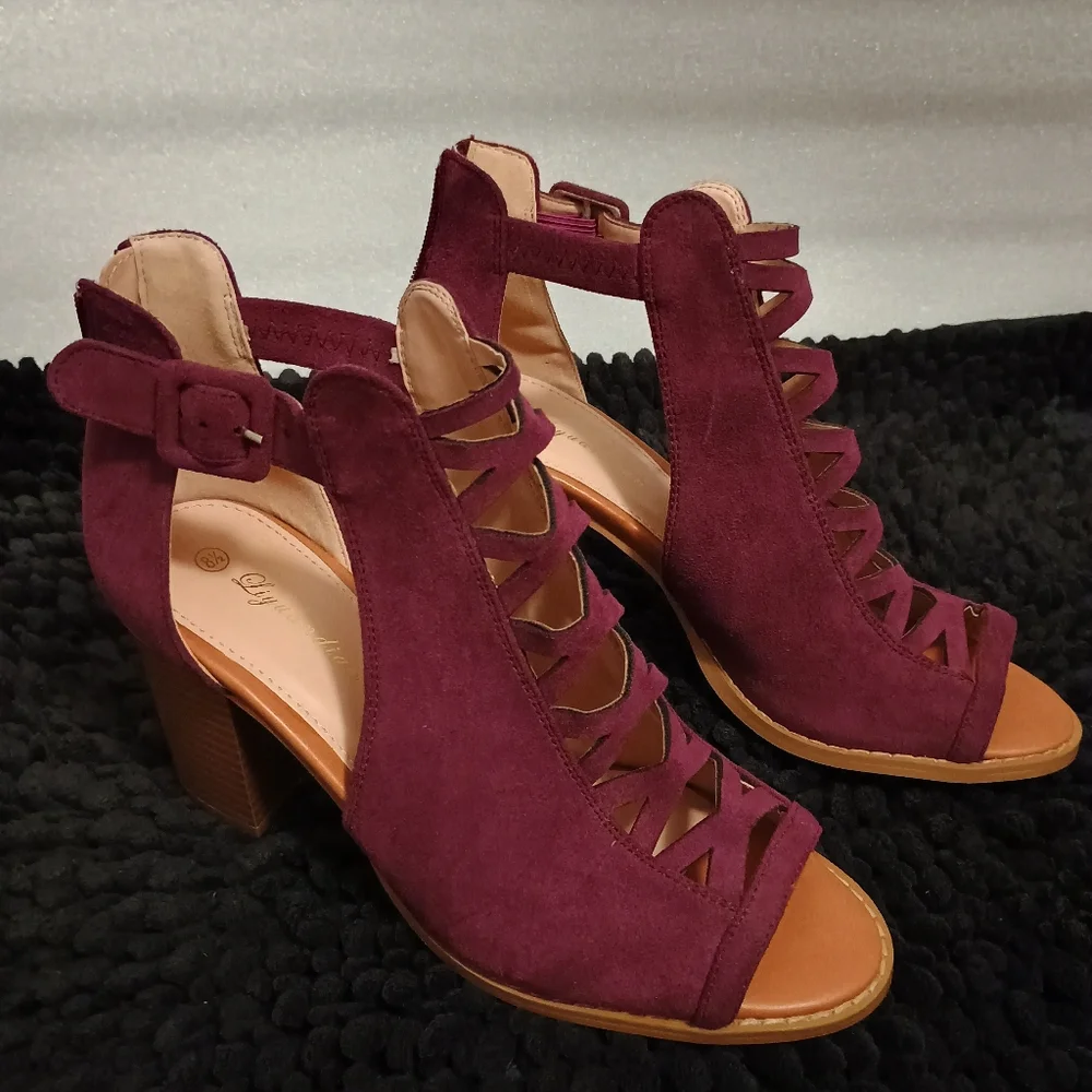 Liyuandian Woman's Platform Open Toe Elegant Burgundy Women's Heels Size 8.5 - Picture 3 of 14